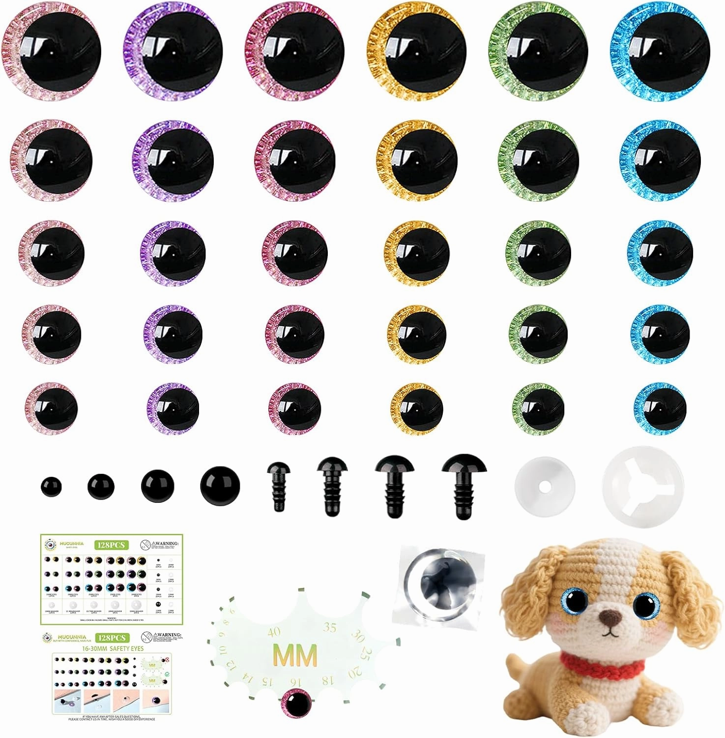 MUCUNNIA Glitter Moon Safety Eyes 256Pcs 6-30mm Safety Eyes for Crocheting with Washers and Size Tools Large Crochet Safety Eyes for Amigurumi Gift for Crochet Lovers Decorations