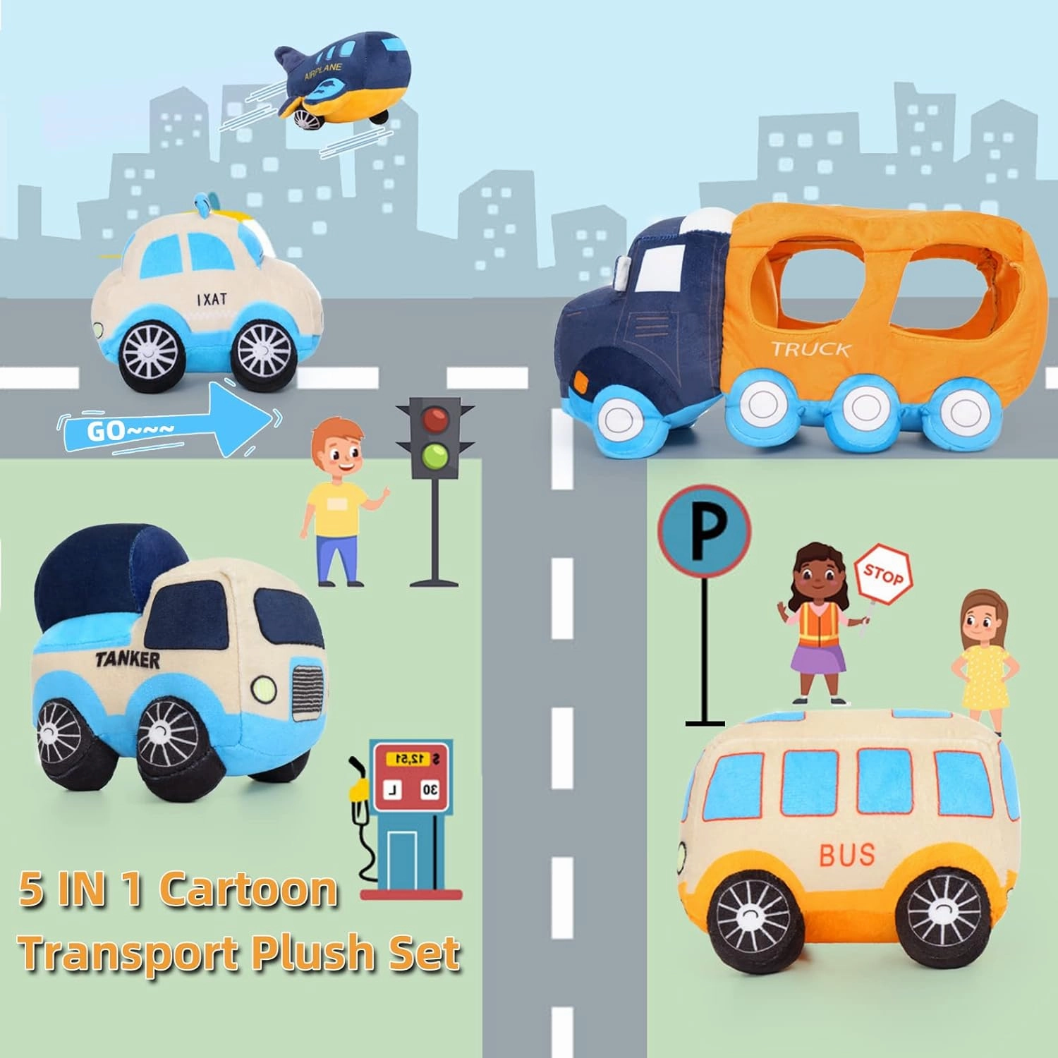 Muiteiur Big Car Stuffed Plush Toy, Soft Truck Toy Set with 4 Stuffed Baby Vehicles Toys Include Taxi Bus Airplane Tanker, Cute Cartoon Plush Gift for Kids Babies (15.7inch)