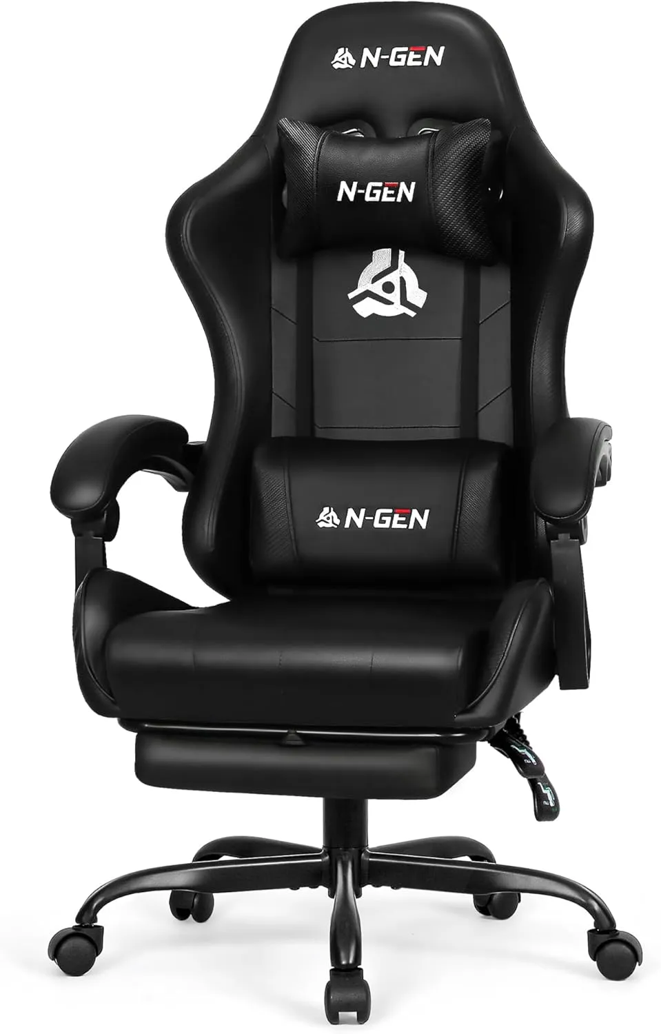 N-GEN GAMING Video Gaming Chair with Footrest Lumbar Support for Home Office High Back Recliner Height Adjustable Ergonomic Comfy Leather Computer Desk Chair (Black)