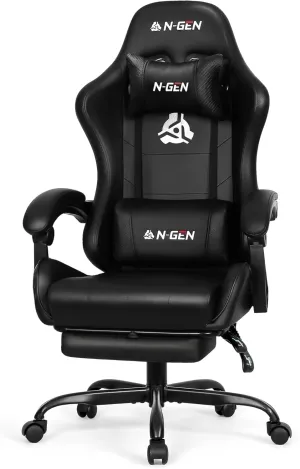 N-GEN GAMING Video Gaming Chair with Footrest Lumbar Support for Home Office High Back Recliner Height Adjustable Ergonomic Comfy Leather Computer Desk Chair (Black)