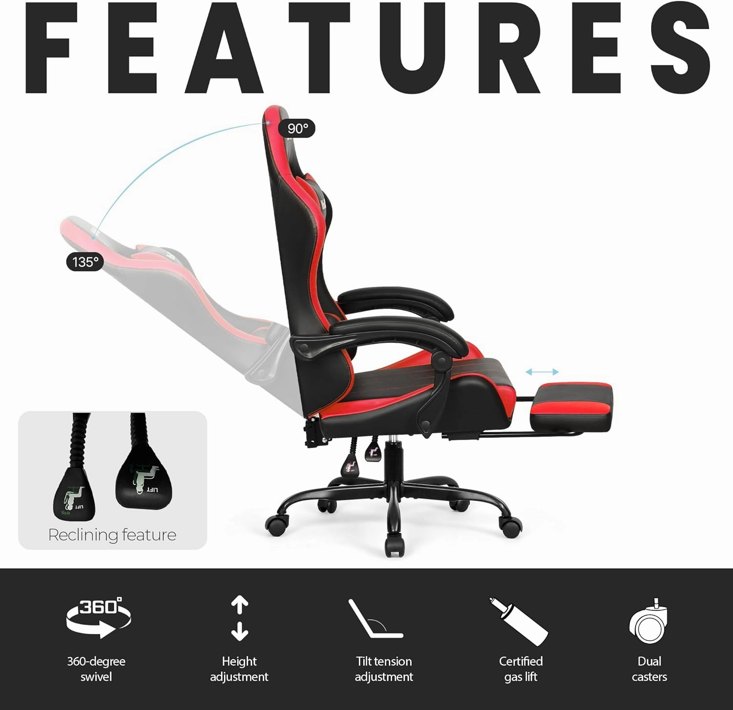 N-GEN GAMING Video Gaming Chair with Footrest Lumbar Support for Home Office High Back Recliner Height Adjustable Ergonomic Comfy Leather Computer Desk Chair (Red)