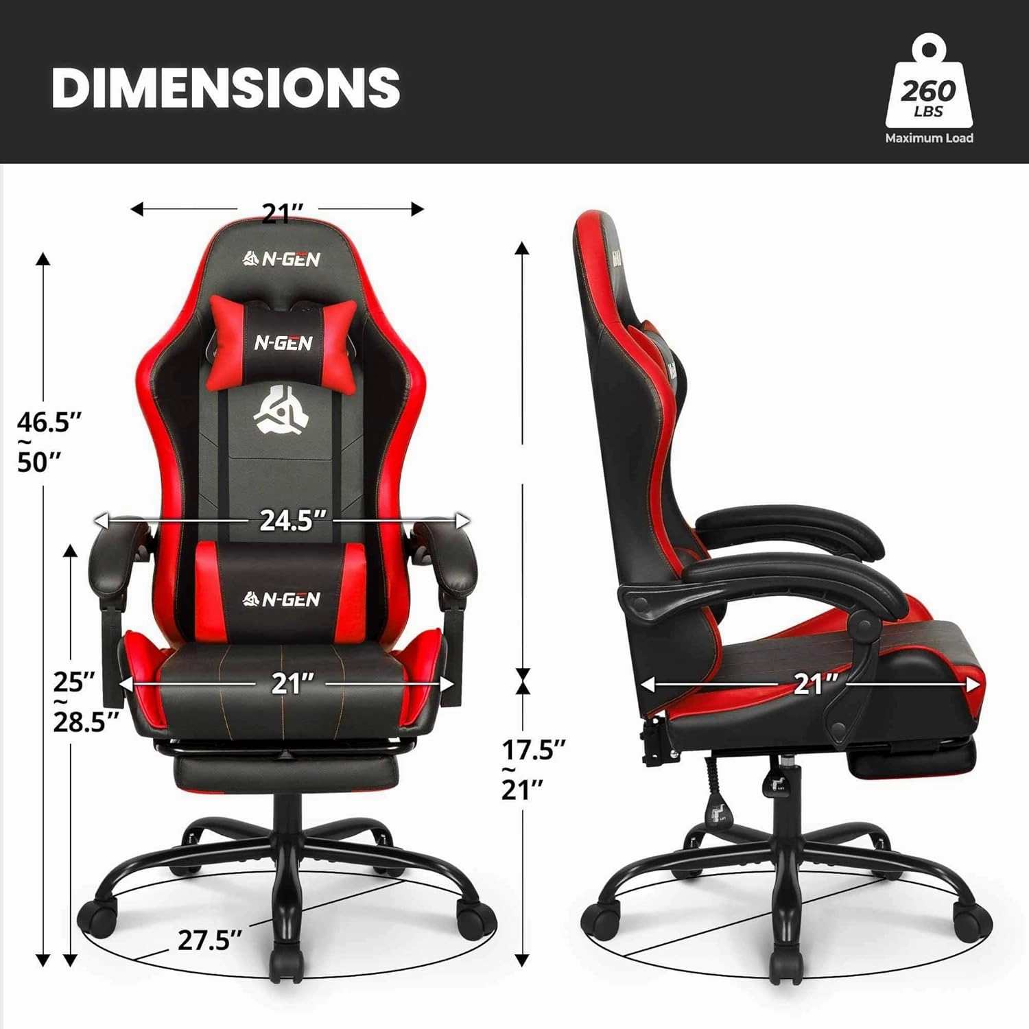 N-GEN GAMING Video Gaming Chair with Footrest Lumbar Support for Home Office High Back Recliner Height Adjustable Ergonomic Comfy Leather Computer Desk Chair (Red)