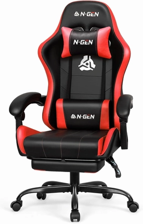 N-GEN GAMING Video Gaming Chair with Footrest Lumbar Support for Home Office High Back Recliner Height Adjustable Ergonomic Comfy Leather Computer Desk Chair (Red)