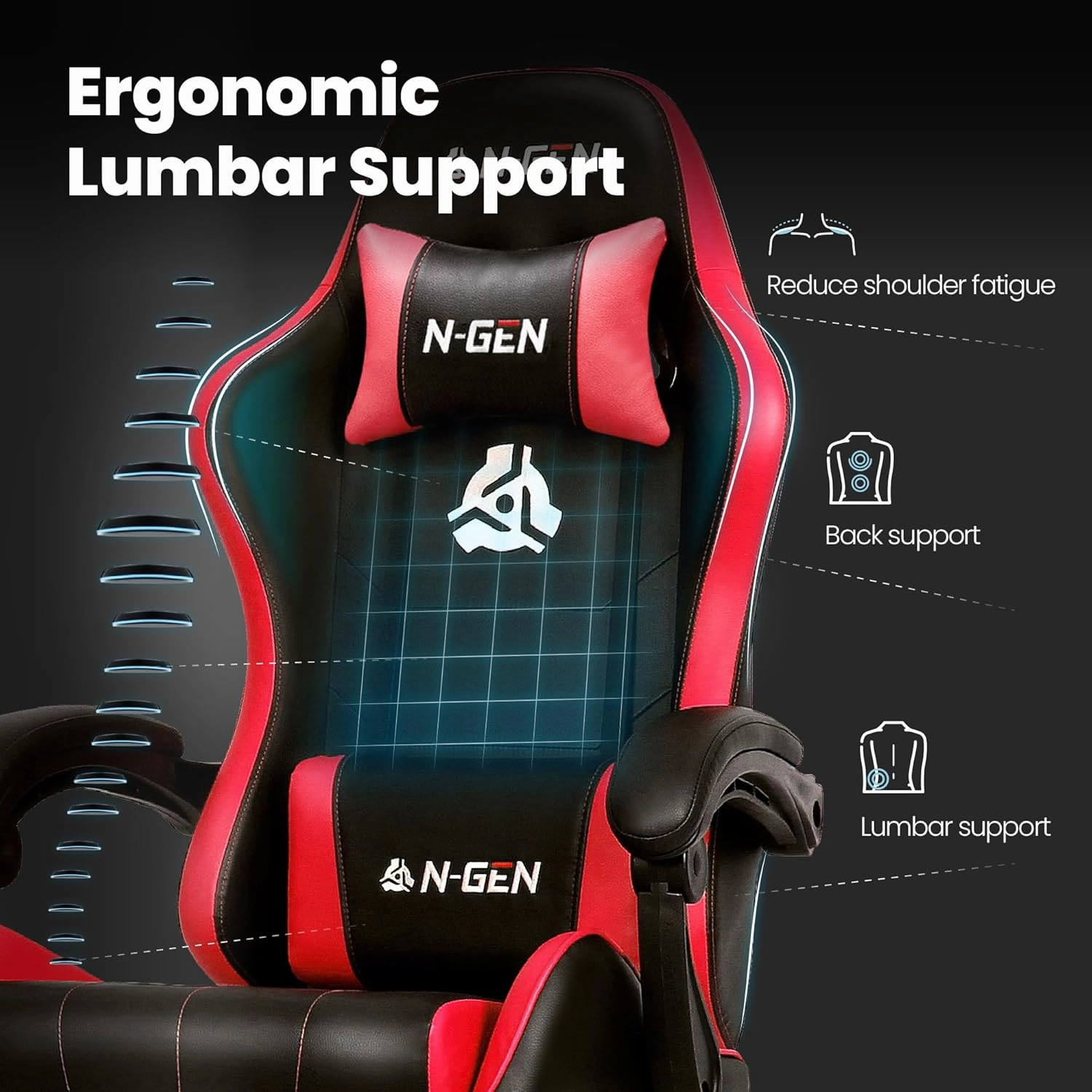 N-GEN GAMING Video Gaming Chair with Footrest Lumbar Support for Home Office High Back Recliner Height Adjustable Ergonomic Comfy Leather Computer Desk Chair (Red)