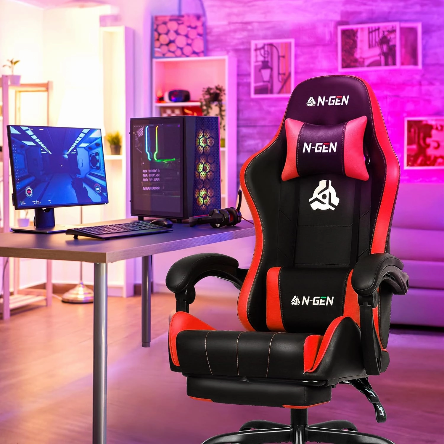N-GEN GAMING Video Gaming Chair with Footrest Lumbar Support for Home Office High Back Recliner Height Adjustable Ergonomic Comfy Leather Computer Desk Chair (Red)