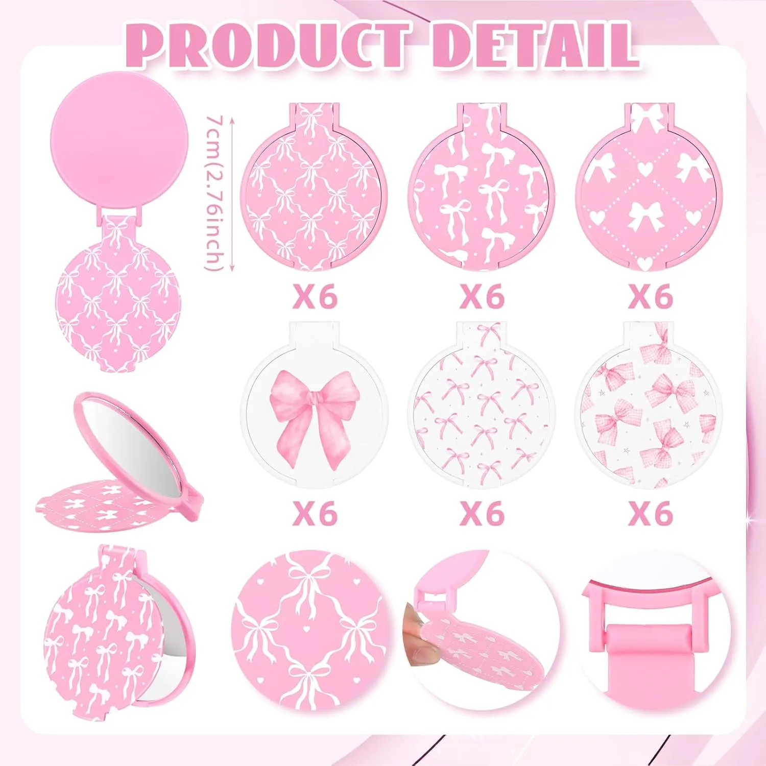 Namalu 36 Pcs Pink Bow Coquette Mini Compact Mirrors Gifts Bulk for Women Portable Round Pocket Makeup Mirror Gift for Purse Party Favors