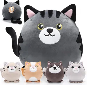 Namalu 5 Pcs Cat with Kitten Stuffed Animals Bulk, 12 Inch Large Black and Grey Cat Pillow Plush with 4 Kittens Inside Cute Plushie Toys for Birthday Return Gifts, Operation Christmas Bulk Items