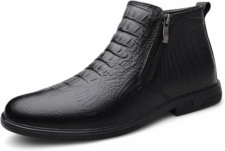 New Men's Ankle Boots Slip Resistant Block Heel Leather Crocodile Print Double Side Zip Classic Vintage