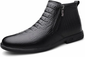 New Men's Ankle Boots Slip Resistant Block Heel Leather Crocodile Print Double Side Zip Classic Vintage
