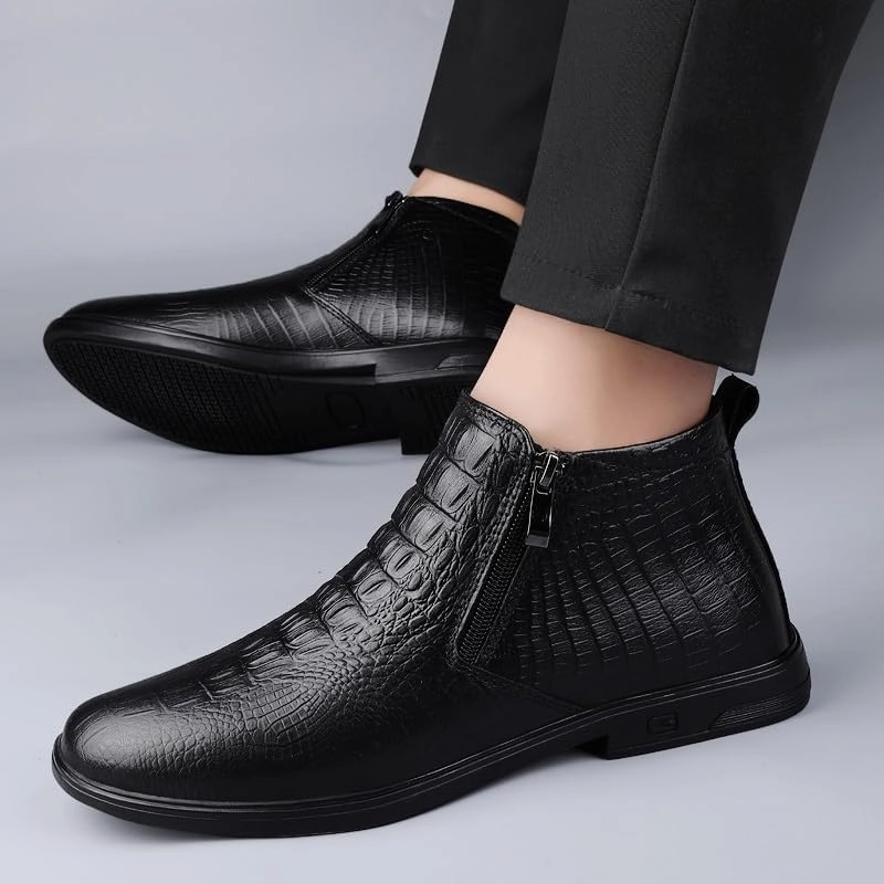 New Men's Ankle Boots Slip Resistant Block Heel Leather Crocodile Print Double Side Zip Classic Vintage
