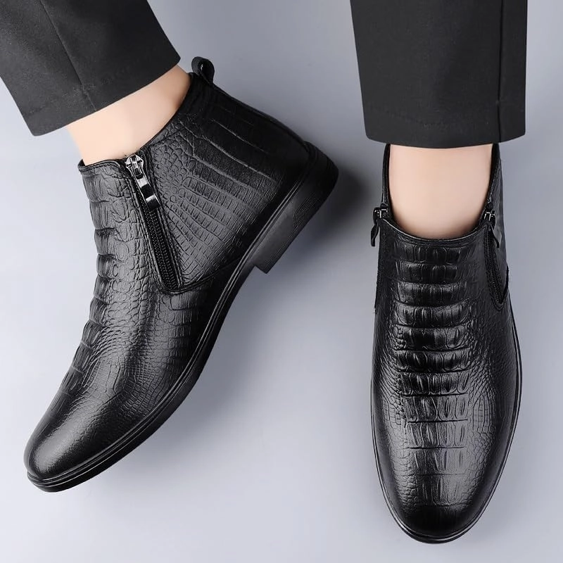 New Men's Ankle Boots Slip Resistant Block Heel Leather Crocodile Print Double Side Zip Classic Vintage