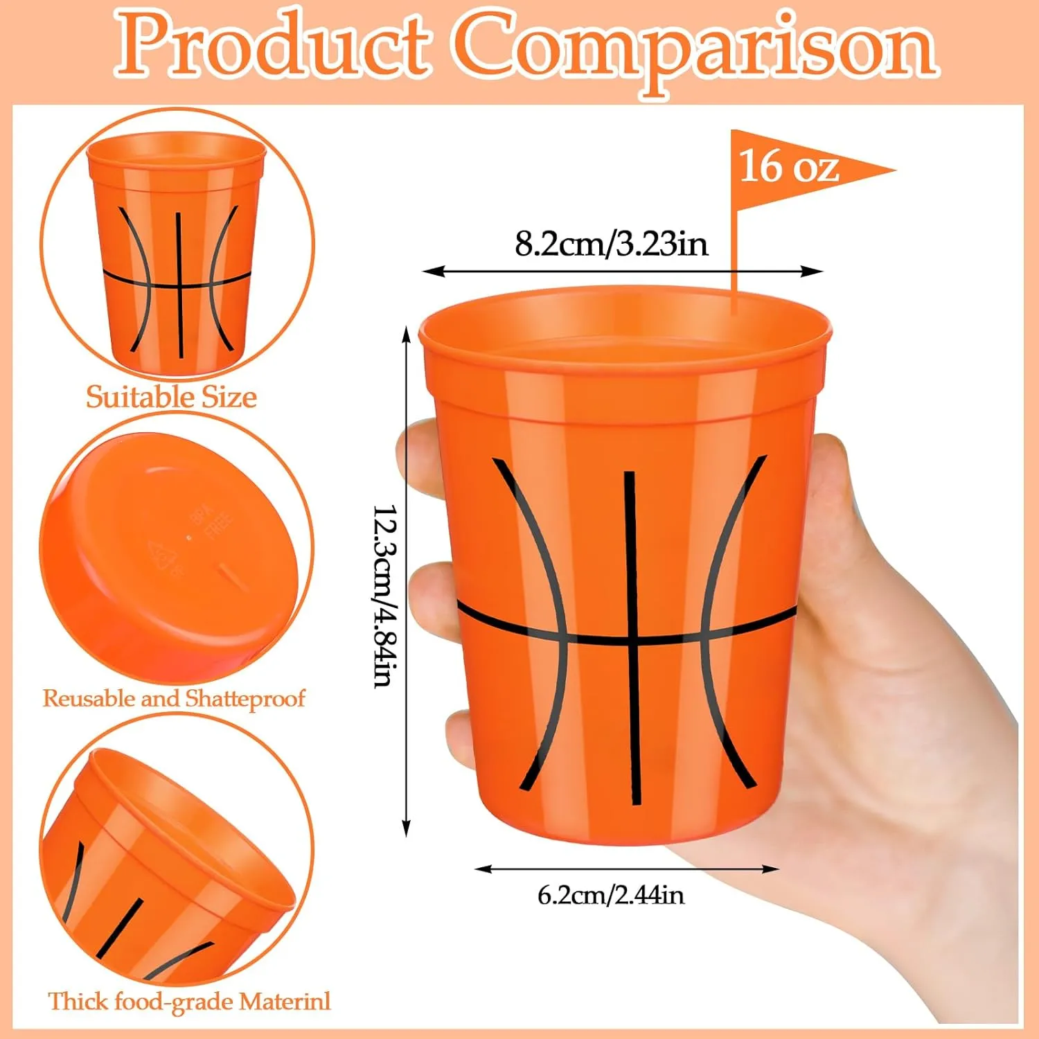 Norme 24 Pcs Basketball Plastic Cups Bulk Basketball Party Supplies Tableware Reusable Drink Cups 16 oz Ball Design for Birthday Party Dinnerware Decoration Events Family Dinner