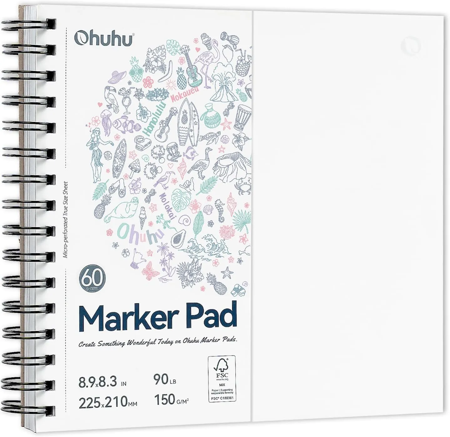 Ohuhu Double-Sided Marker Pad Art Sketchbook Bleedproof - 8.3"x8.3" Square Paper Size - 90 lb/ 150 GSM Smooth Drawing Paper - 60 Sheets/120 Pages, Spiral Bound Sketching Book for Alcohol Markers
