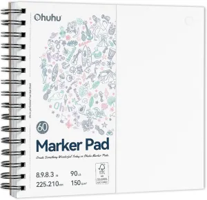 Ohuhu Double-Sided Marker Pad Art Sketchbook Bleedproof - 8.3"x8.3" Square Paper Size - 90 lb/ 150 GSM Smooth Drawing Paper - 60 Sheets/120 Pages, Spiral Bound Sketching Book for Alcohol Markers