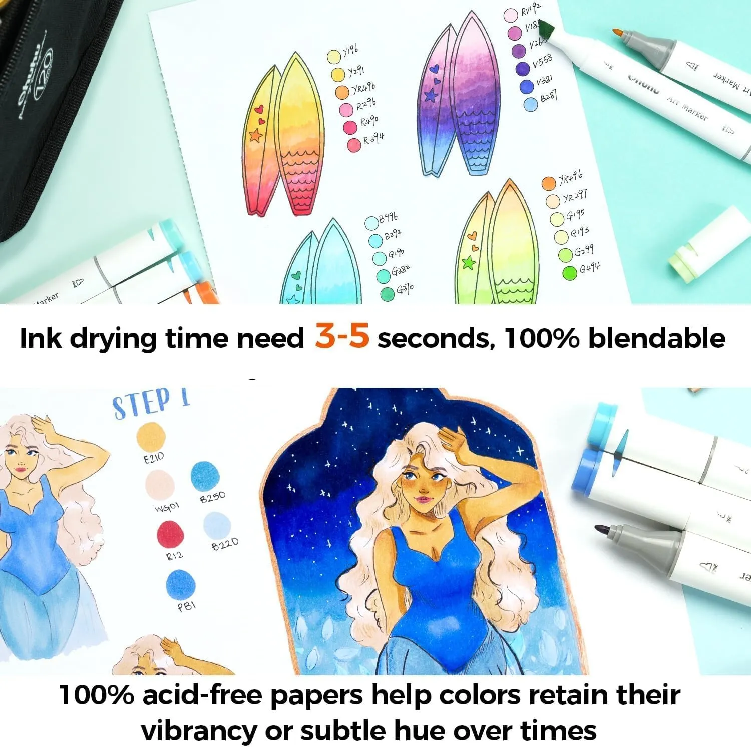 Ohuhu Double-Sided Marker Pad Art Sketchbook Bleedproof - 8.3"x8.3" Square Paper Size - 90 lb/ 150 GSM Smooth Drawing Paper - 60 Sheets/120 Pages, Spiral Bound Sketching Book for Alcohol Markers