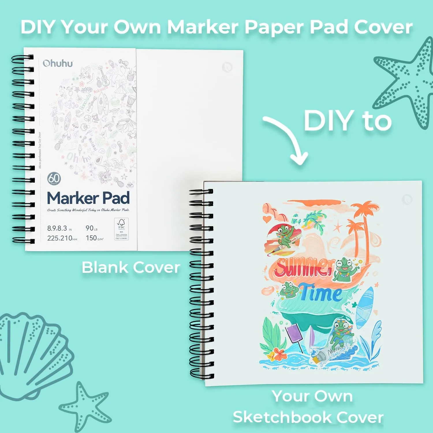 Ohuhu Double-Sided Marker Pad Art Sketchbook Bleedproof - 8.3"x8.3" Square Paper Size - 90 lb/ 150 GSM Smooth Drawing Paper - 60 Sheets/120 Pages, Spiral Bound Sketching Book for Alcohol Markers