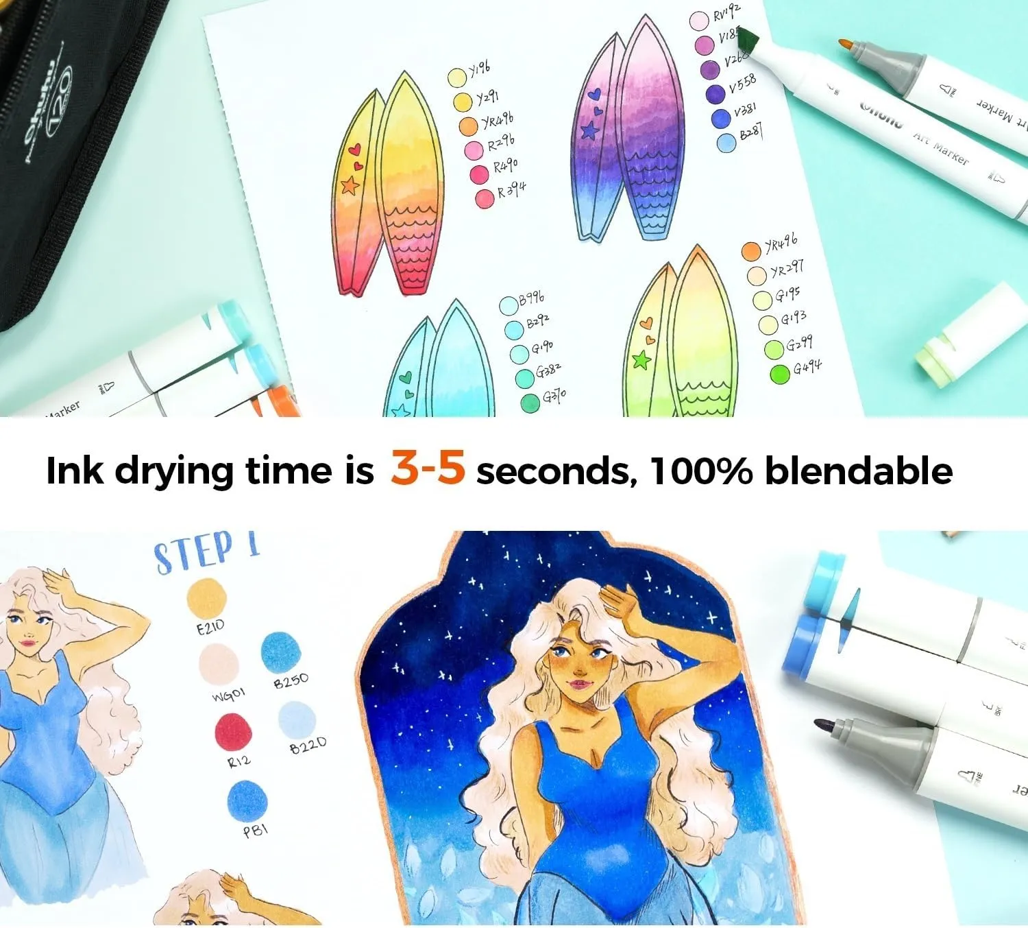 Ohuhu Double-Sided Marker Pads Art Sketchbook Bleedproof - 7"x10" Large Paper Size - 90 lb/150 GSM Smooth Drawing Paper - 60 Sheets/120 Pages, Spiral Bound Sketching Book for Alcohol Markers Paints