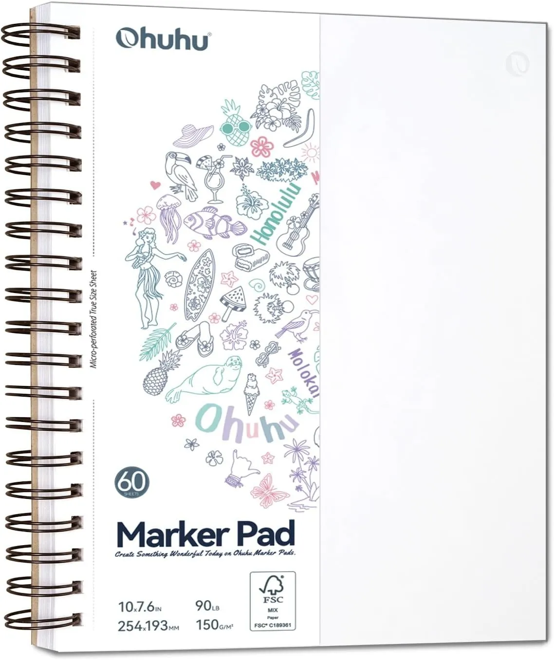 Ohuhu Double-Sided Marker Pads Art Sketchbook Bleedproof - 7"x10" Large Paper Size - 90 lb/150 GSM Smooth Drawing Paper - 60 Sheets/120 Pages, Spiral Bound Sketching Book for Alcohol Markers Paints