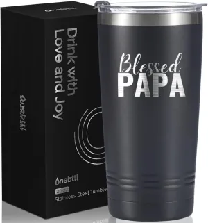 Onebttl Papa Gifts - Grandpa Gifts for Father's Day, Laser Engraved 20oz/590ml Stainless Steel Tumbler with Straw & Lid - Black Blessed PAPA