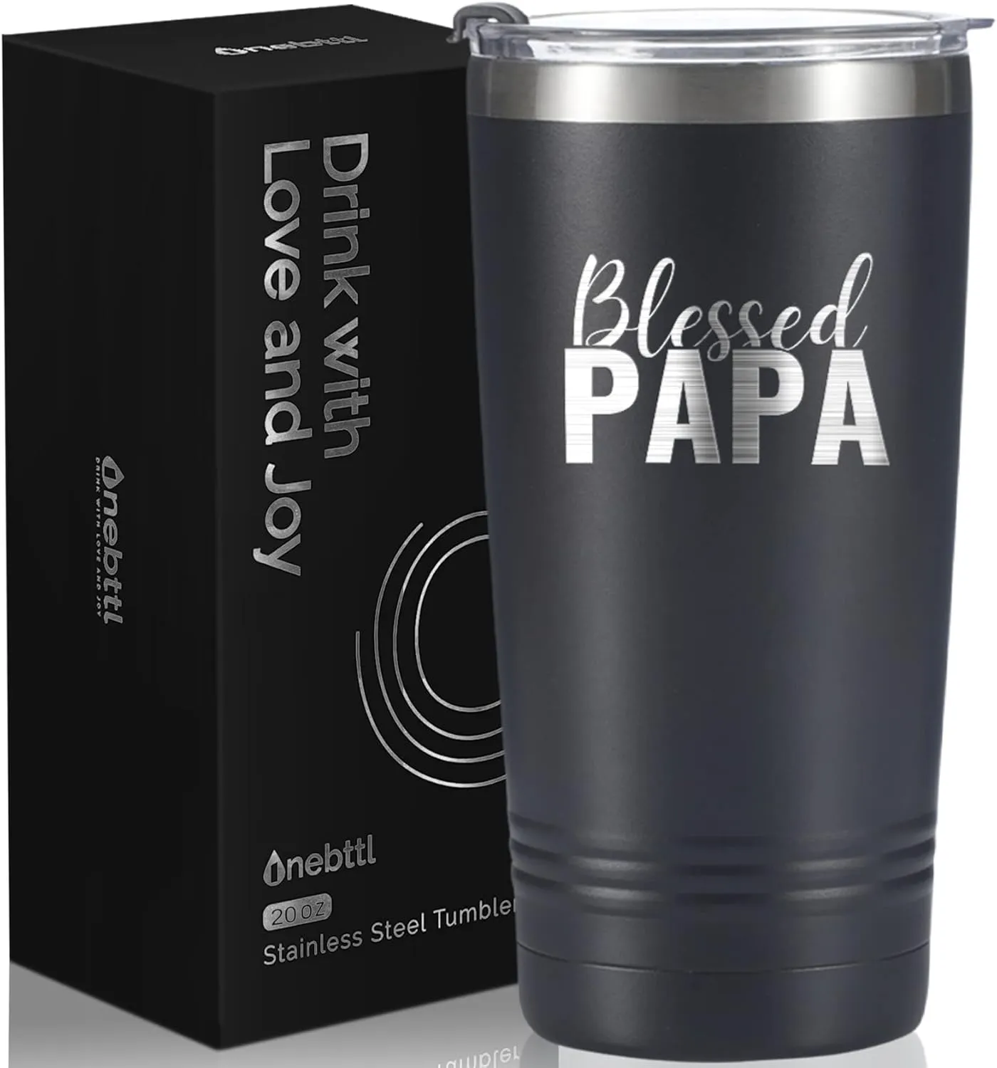 Onebttl Papa Gifts - Grandpa Gifts for Father's Day, Laser Engraved 20oz/590ml Stainless Steel Tumbler with Straw & Lid - Black Blessed PAPA