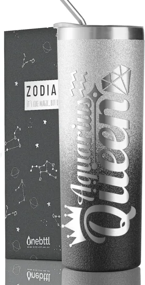 Onebttl Zodiac Gifts for Women, Best Friend Birthday Gifts for Her, 20oz Stainless Steel Tumbler, Engraved Logo Black and Silver, Aquarius