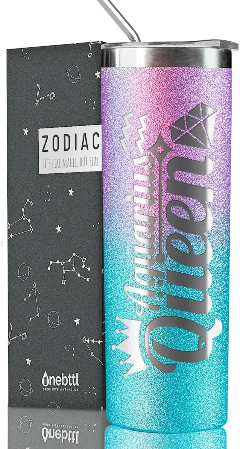 Onebttl Zodiac Gifts for Women, Best Friend Birthday Gifts for Her, 20oz Stainless Steel Tumbler, Engraved Logo Blue and Purple, Aquarius