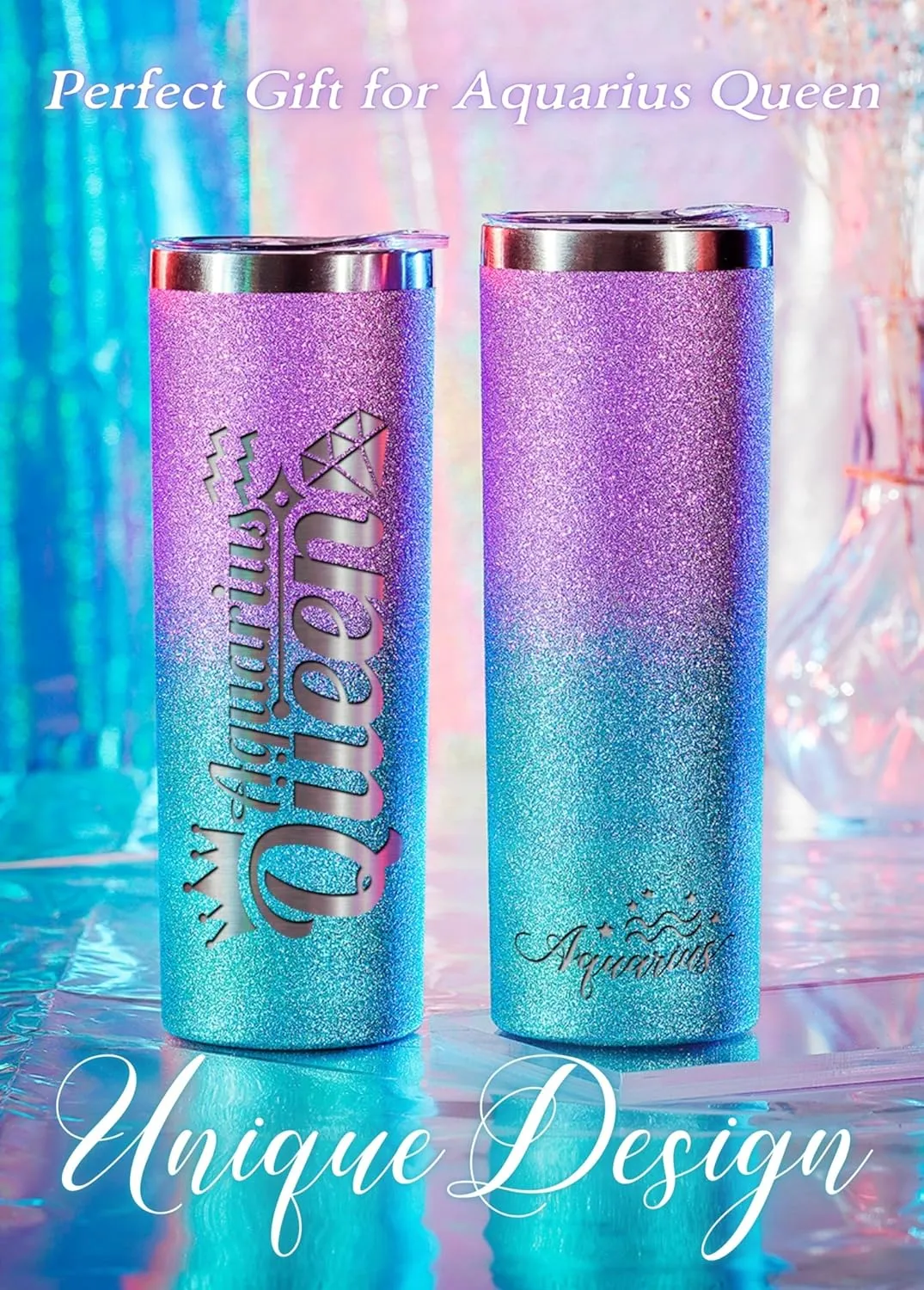 Onebttl Zodiac Gifts for Women, Best Friend Birthday Gifts for Her, 20oz Stainless Steel Tumbler, Engraved Logo Blue and Purple, Aquarius
