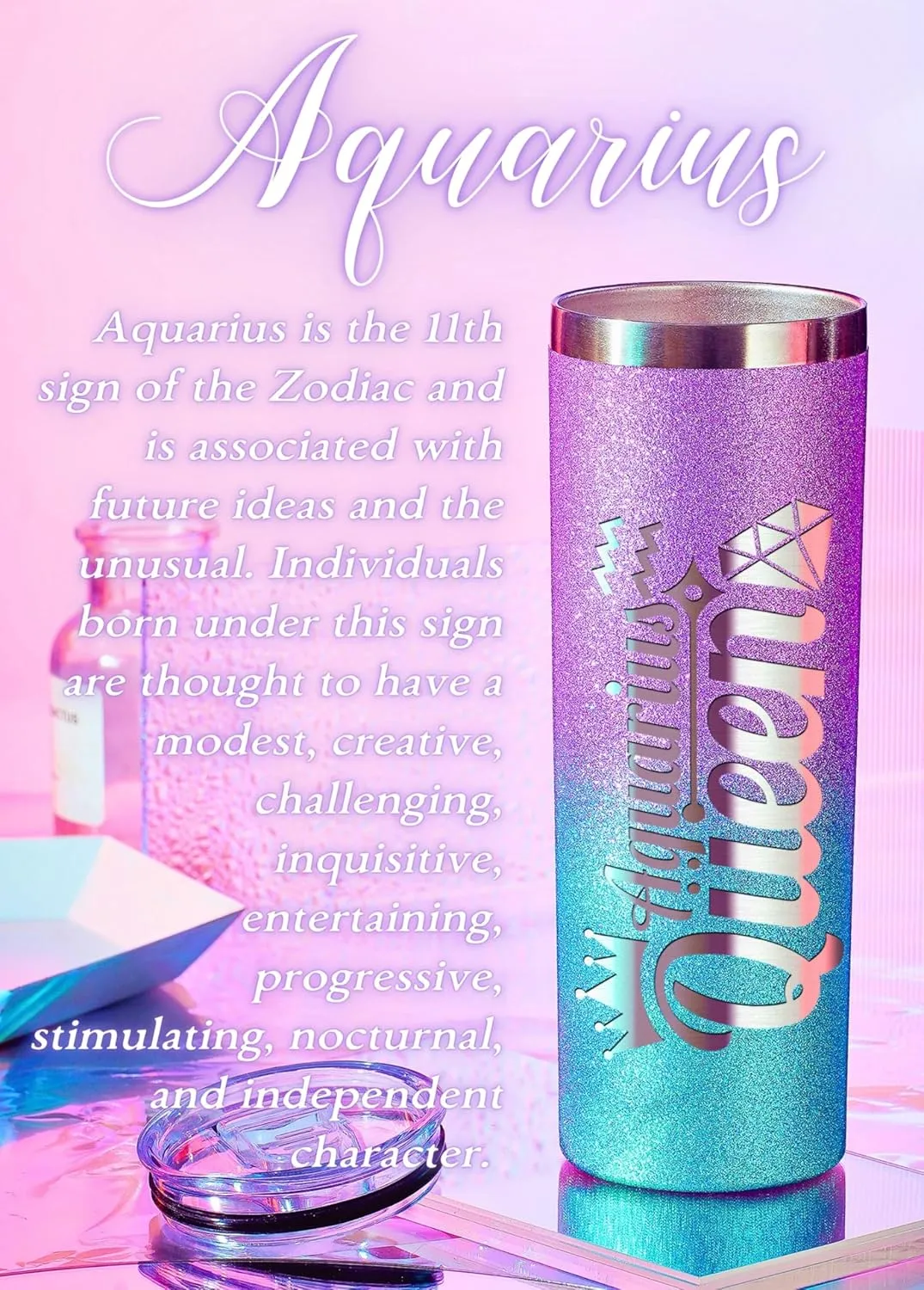 Onebttl Zodiac Gifts for Women, Best Friend Birthday Gifts for Her, 20oz Stainless Steel Tumbler, Engraved Logo Blue and Purple, Aquarius