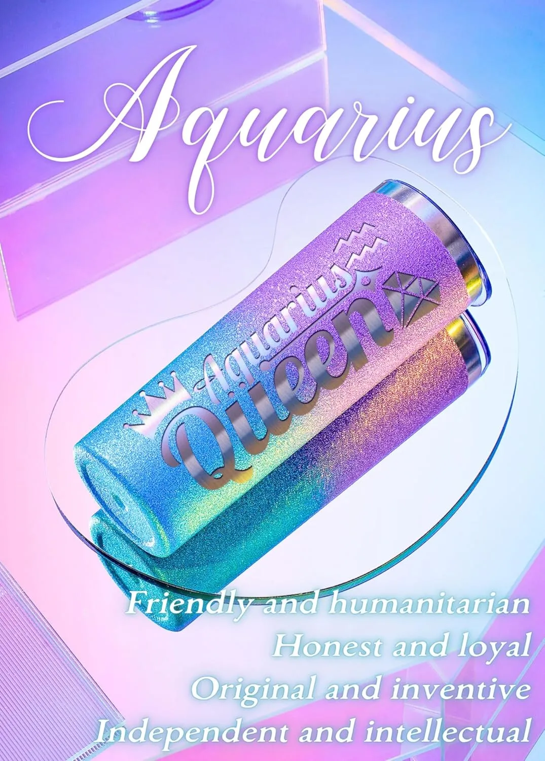 Onebttl Zodiac Gifts for Women, Best Friend Birthday Gifts for Her, 20oz Stainless Steel Tumbler, Engraved Logo Blue and Purple, Aquarius