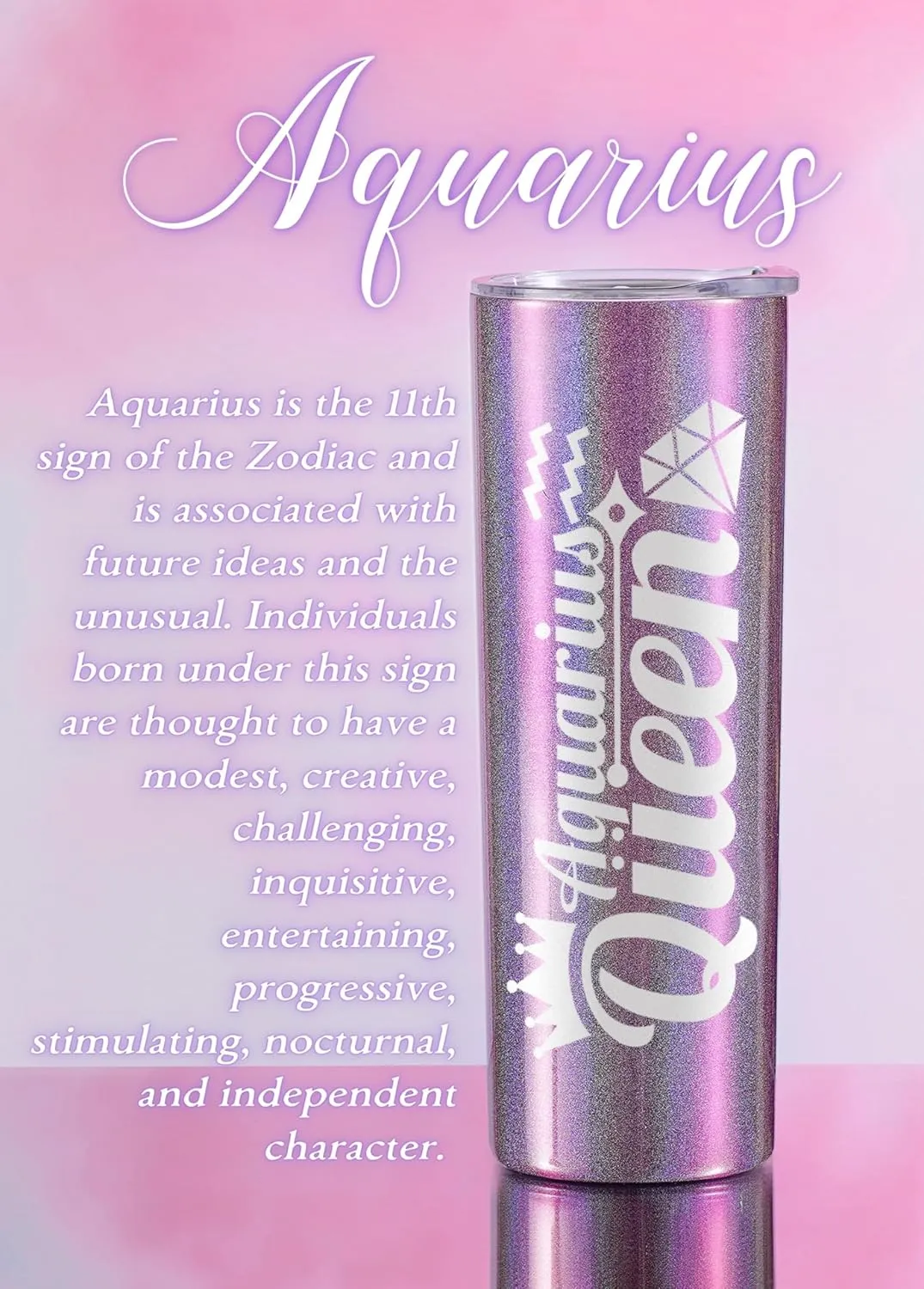 Onebttl Zodiac Gifts for Women, Best Friend Birthday Gifts for Her, 20oz Stainless Steel Tumbler, Printed Logo Iridescent Purple, Aquarius