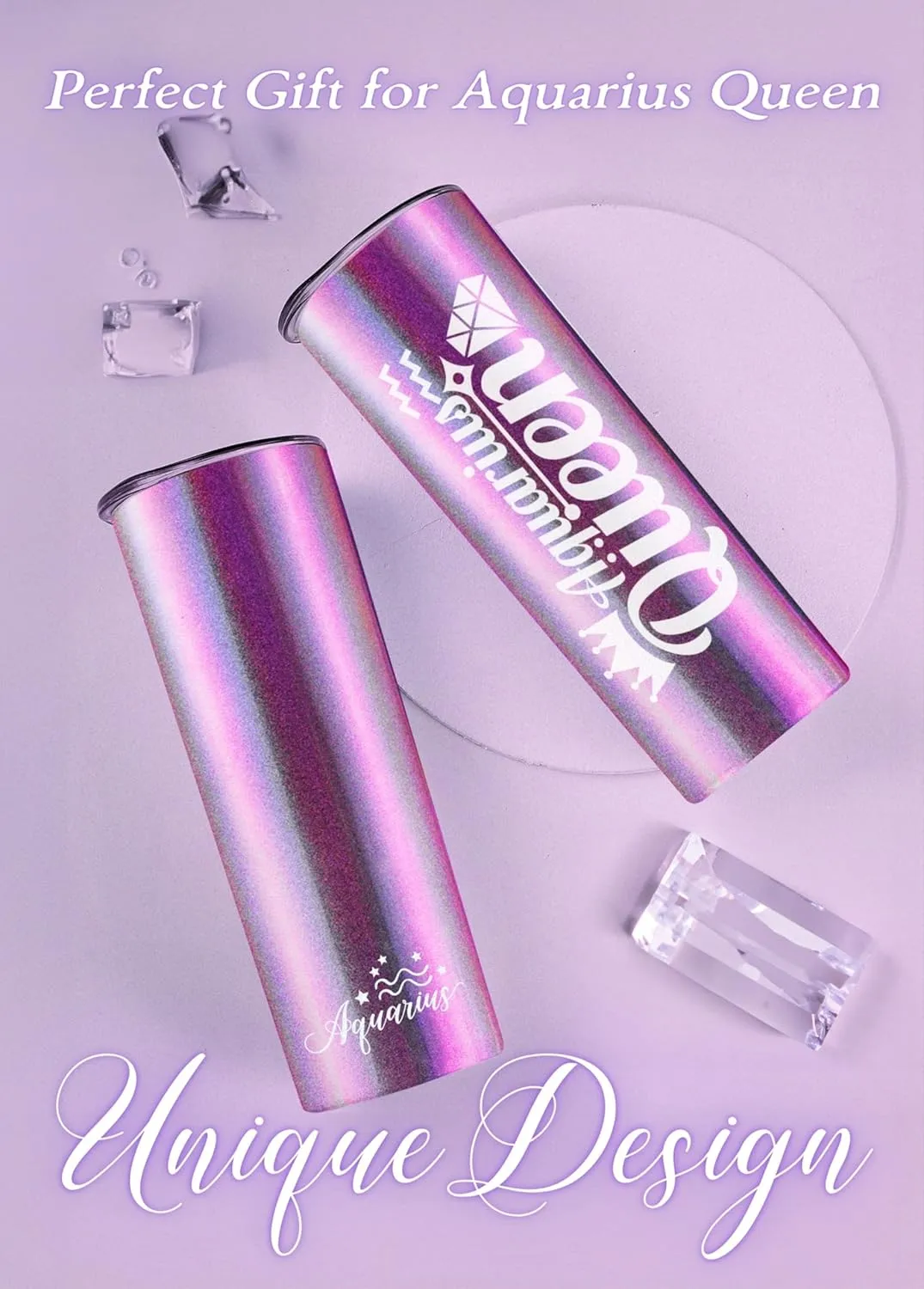Onebttl Zodiac Gifts for Women, Best Friend Birthday Gifts for Her, 20oz Stainless Steel Tumbler, Printed Logo Iridescent Purple, Aquarius