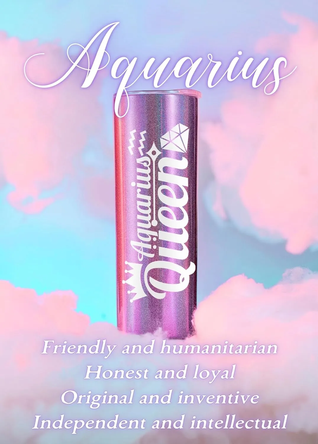 Onebttl Zodiac Gifts for Women, Best Friend Birthday Gifts for Her, 20oz Stainless Steel Tumbler, Printed Logo Iridescent Purple, Aquarius