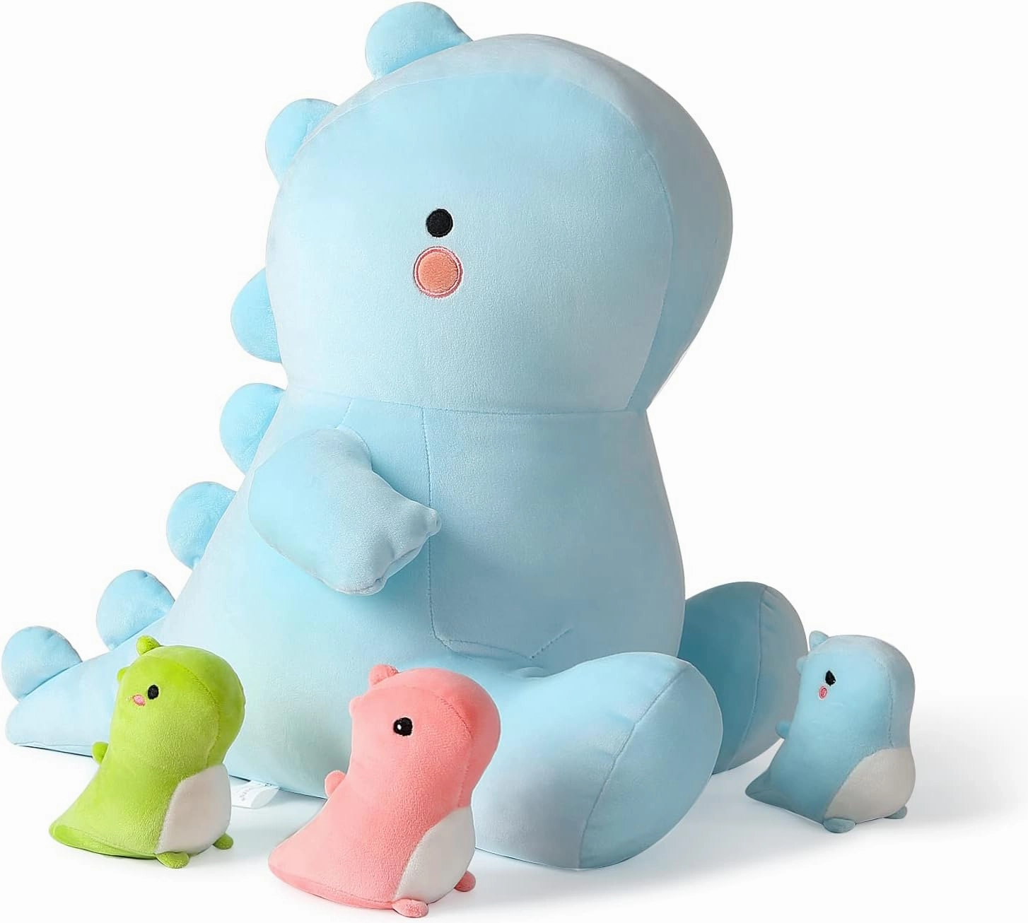 Onsoyours Mommy Dinosaur Stuffed Animal with 3 Dino in her Tummy, 4 Piece Cute Dinosaur Plush Pillow Toys for Kids Girls Boys (Blue Family)