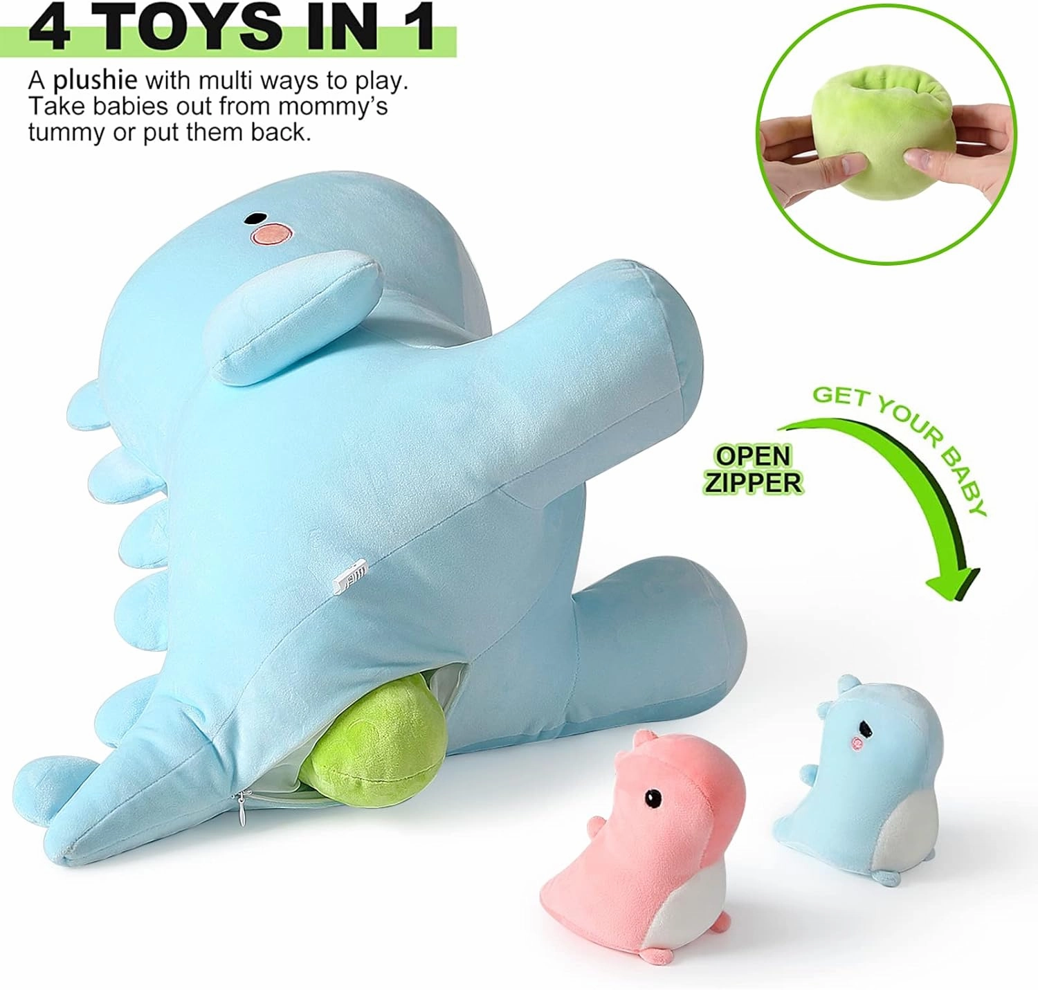 Onsoyours Mommy Dinosaur Stuffed Animal with 3 Dino in her Tummy, 4 Piece Cute Dinosaur Plush Pillow Toys for Kids Girls Boys (Blue Family)
