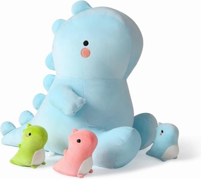 Onsoyours Mommy Dinosaur Stuffed Animal with 3 Dino in her Tummy, 4 Piece Cute Dinosaur Plush Pillow Toys for Kids Girls Boys (Blue Family)