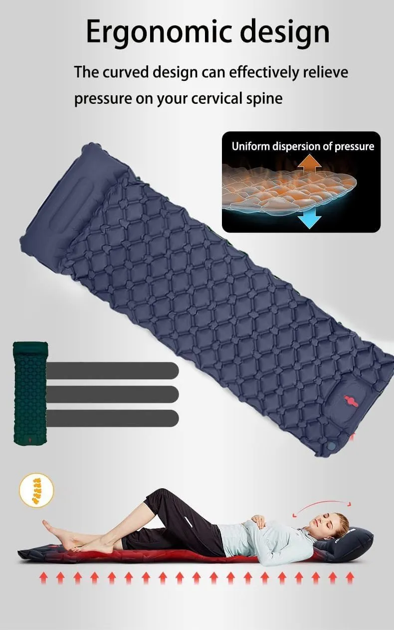 Outdoor camping inflatable sleeping pad, heightened and widened inflatable pad, equipped with pillow, foot pump, and storage bag, waterproof, portable, and ultra-lightweight inflatable pad (dark blue)