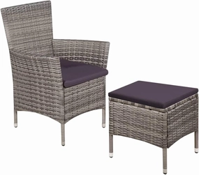 Outdoor Patio Chair and Stool Set with Cushions, PE Rattan Gray 2-Piece Furniture for Backyard Poolside Deck