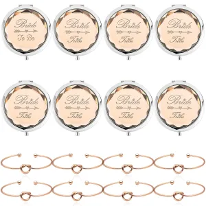 Pack of 8 Compact Pocket Makeup Mirrors Set Include 1 Bride to Be Mirror 7 Bride Tribe Mirrors and 8 Pack Bridesmaid Love Knot Bracelets for Bachelorette Party Bridesmaid Proposal Gifts(Champagne)