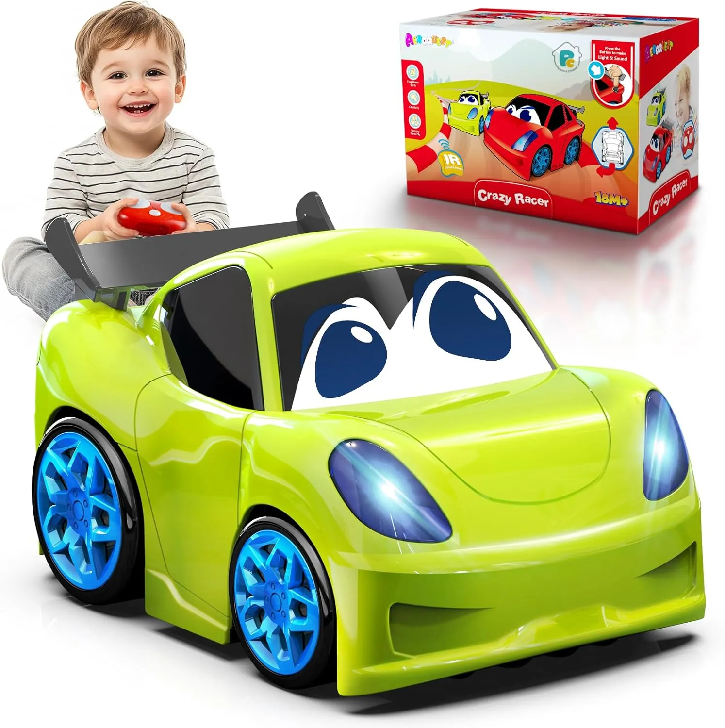 PC P&C Green Remote Control Car for Toddlers, Safe & Durable RC Car with Lights & Sounds, Perfect First Toy for Boys & Girls Ages 1-7