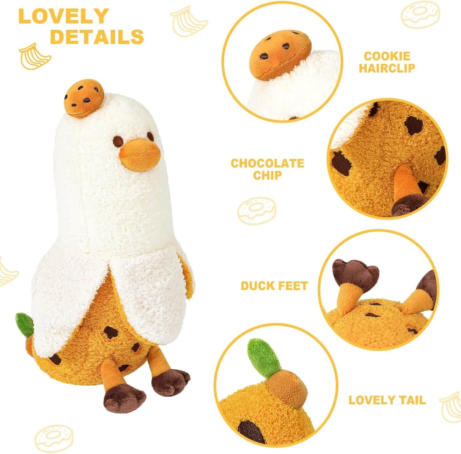PEACH CAT Cookies Banana Duck Plush Pillow with Chocolate Chip Body Plushies Toy Cute Dessert Stuffed Animals Gifts for Kids Khaki 19.7"
