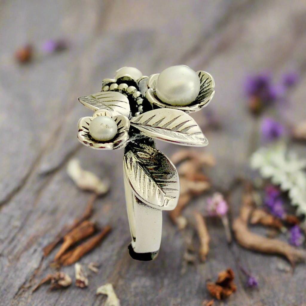 Pearls Silver Botanical Ring  - Tonight.
