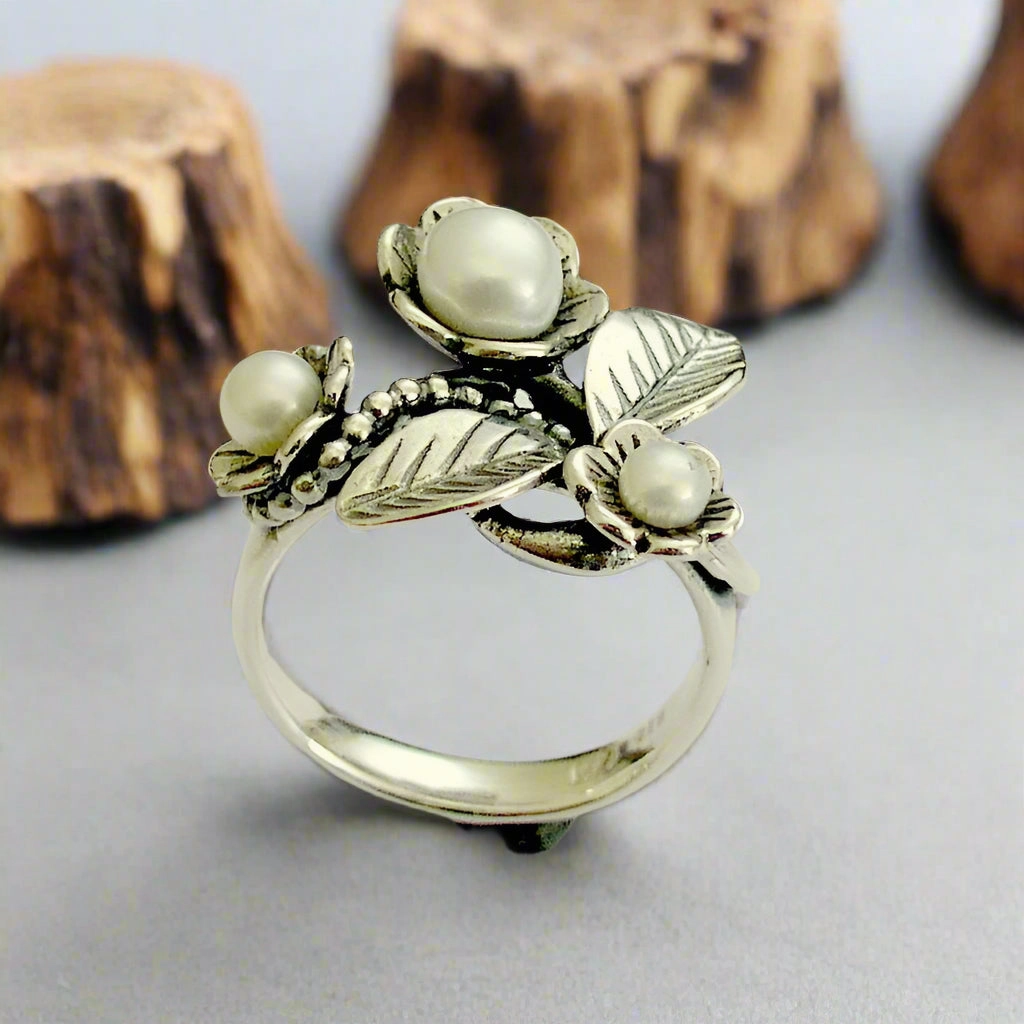Pearls Silver Botanical Ring  - Tonight.