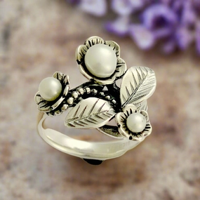 Pearls Silver Botanical Ring  - Tonight.