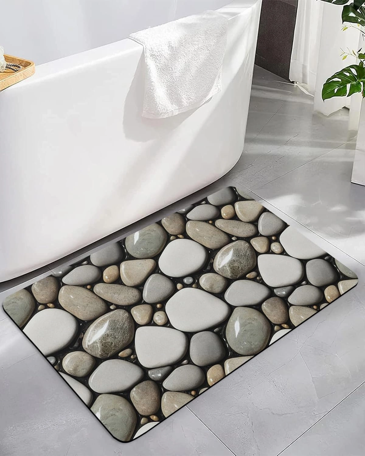 Pebble Stone Bath Mat,Non Slip Bathroom Floor Runner Rug Quick Dry & Absorbent Diatomaceous Earth Kitchen Room Shower Sink Washable Doormat,Minimalist Creative Black White Geometry 20"x32"