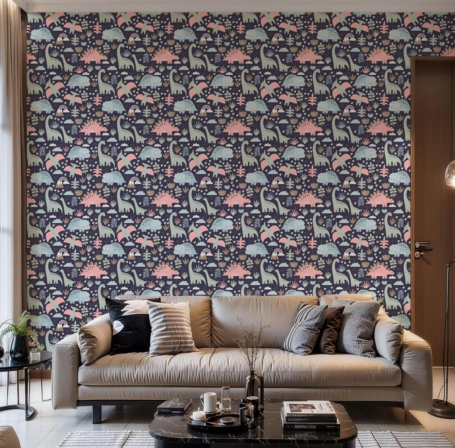 Peel and Stick Wallpaper Self Adhesive Wall Mural Cute dino Mom Baby Cartoon dinosaur family seamless pattern cute dino Contact Paper Renter Friendly Wallpaper for Kitchen Nursery Bedroom 17.7"x118"