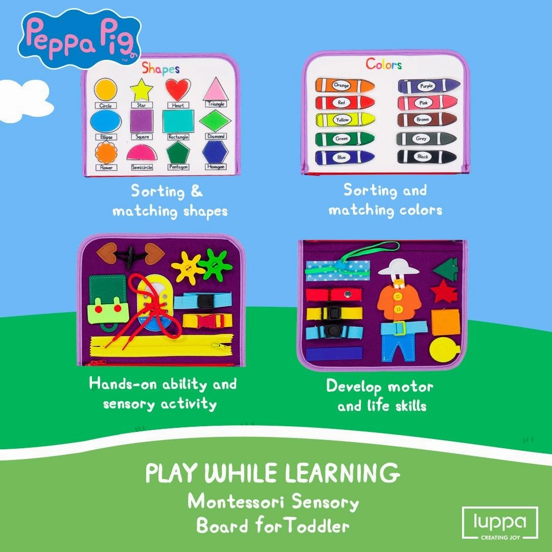 Peppa Pig Toddler Busy Board – Montessori toys for 1 2 3 4 Year Old, Educational Activity Sensory Board for Preschool Learning Fine Motor Skills, Gift Toys for Boys Girls, Airplane Car Travel Toy