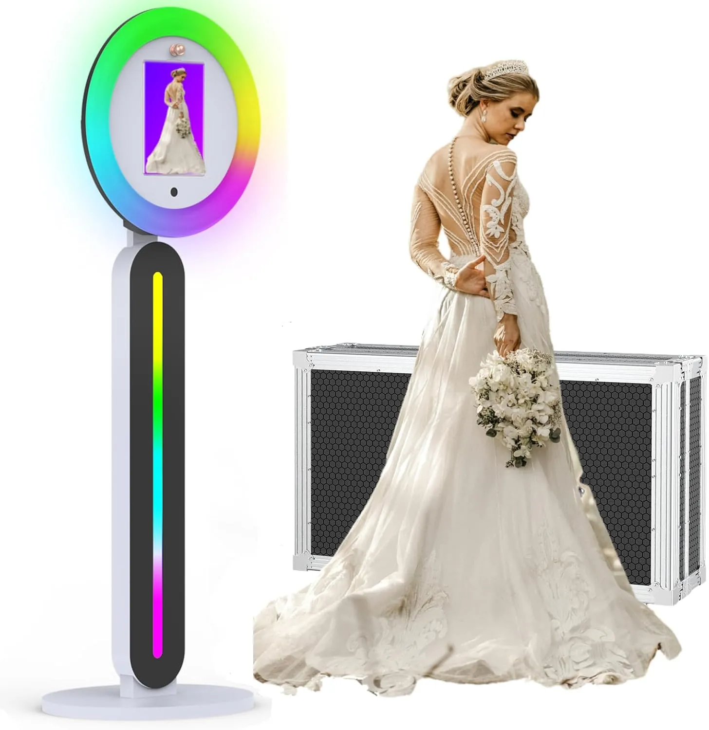 Photo Booth Machine,Portable Photo Booth Stand APP/RC Control RGB Lights Music Sync Portable Photo Booth Compatible with Any Tablet Ideal for Weddings, Parties(Flight Case)