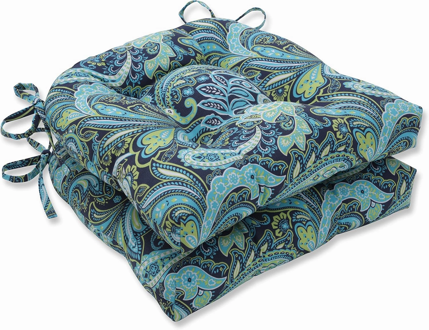 Pillow Perfect Paisley Indoor/Outdoor Chairpad with Ties, Reversible, Tufted, Weather, and Fade Resistant, 15.5" x 16", Blue/Green Pretty, 2 Count