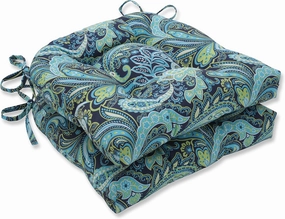 Pillow Perfect Paisley Indoor/Outdoor Chairpad with Ties, Reversible, Tufted, Weather, and Fade Resistant, 15.5" x 16", Blue/Green Pretty, 2 Count