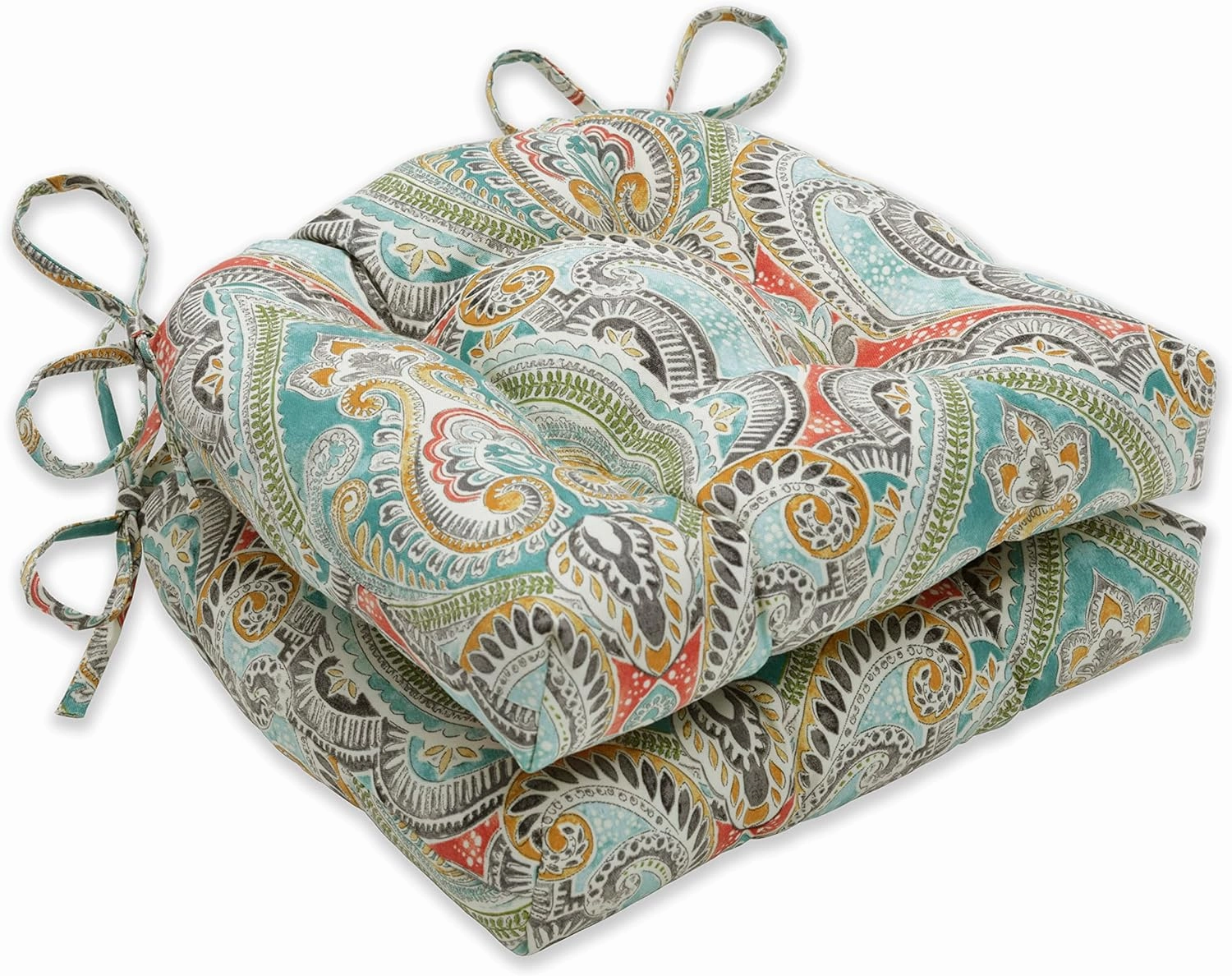 Pillow Perfect Paisley Indoor/Outdoor Chairpad with Ties, Tufted, Weather, and Fade Resistant, 17" x 17.5", Blue/Multi Pretty, 2 Count